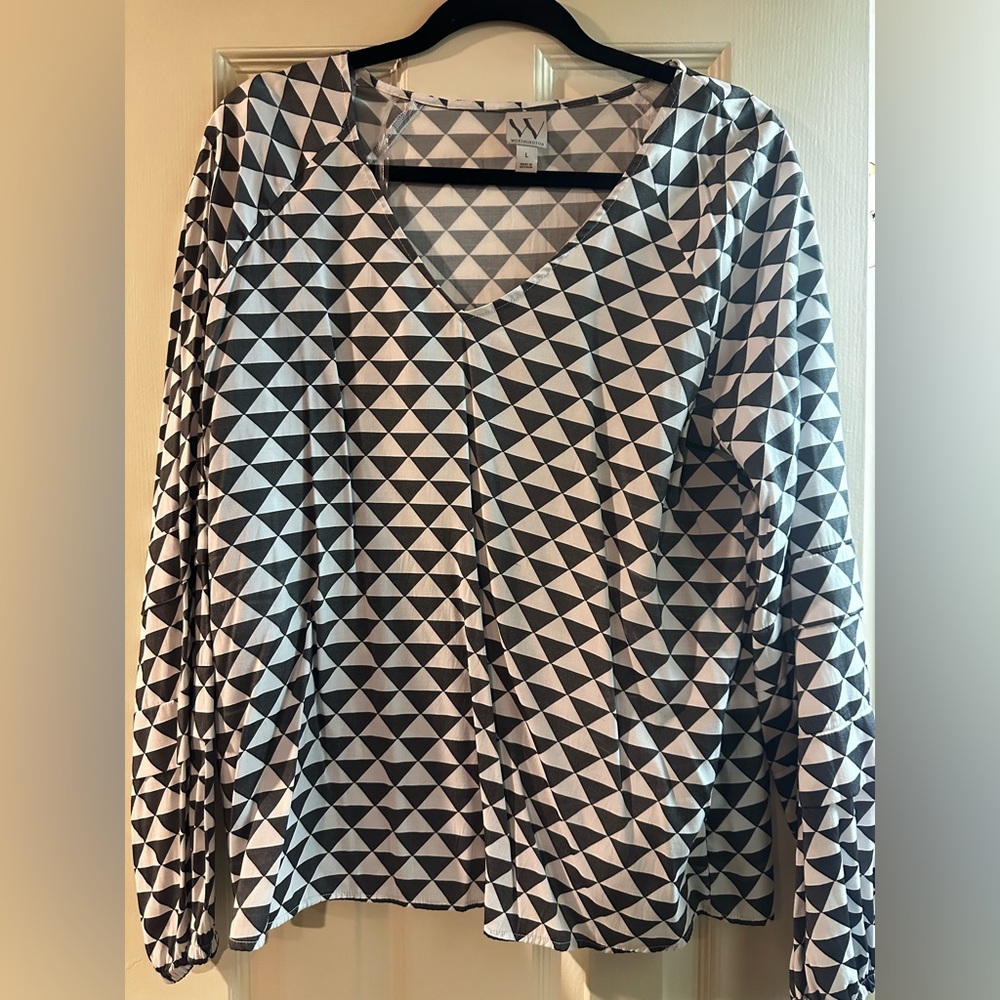 Worthington Leslie Geometric Gray Long Sleeve V Neck Career Casual Blouse Large